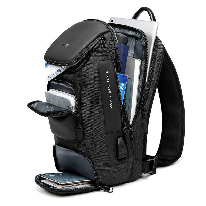 Black Waterproof Crossbody Sling Bag with USB Charging and 7 Compartments