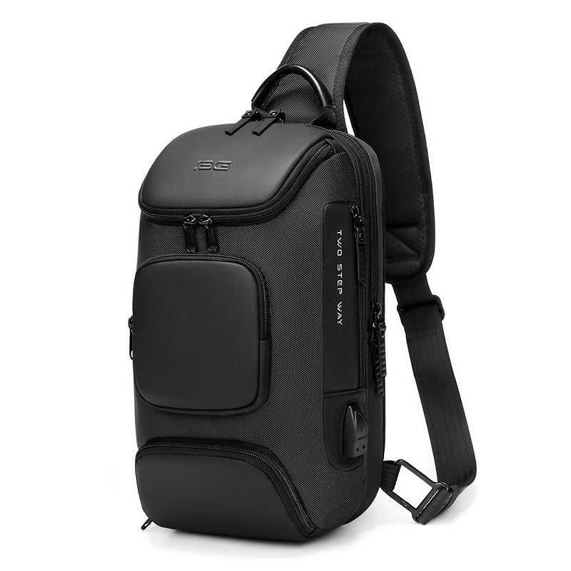 Black Waterproof Crossbody Sling Bag with USB Charging and 7 Compartments