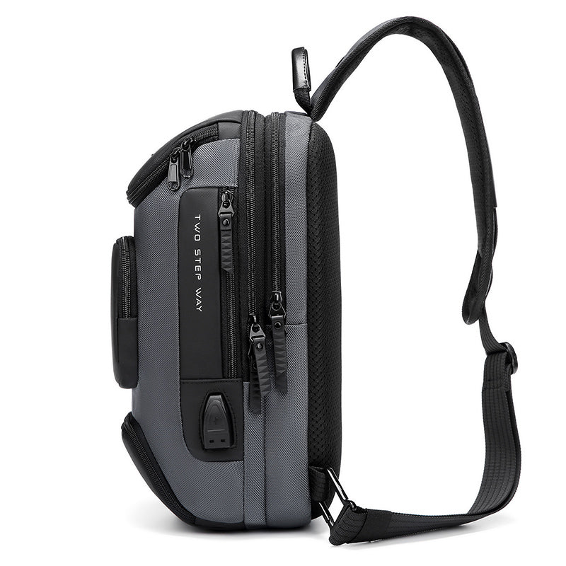 Black Waterproof Crossbody Sling Bag with USB Charging and 7 Compartments