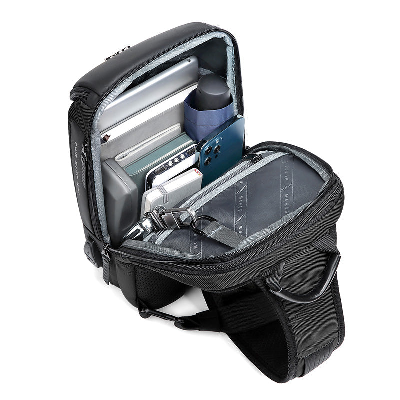 Black Waterproof Crossbody Sling Bag with USB Charging and 7 Compartments