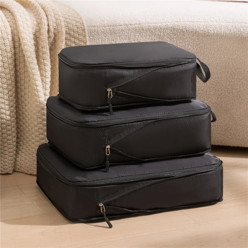 3-Piece Compressible Travel Luggage Organizer Set – Nylon Suitcase Storage Bags