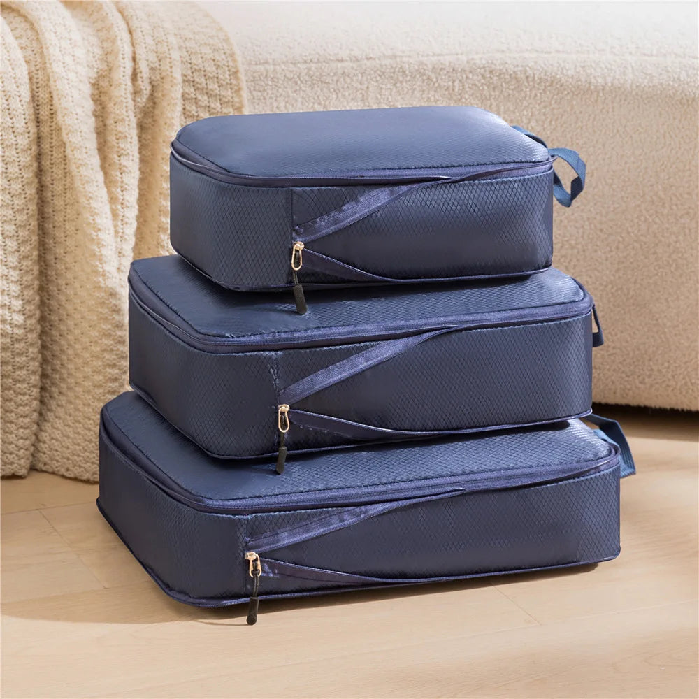 3-Piece Compressible Travel Luggage Organizer Set – Nylon Suitcase Storage Bags