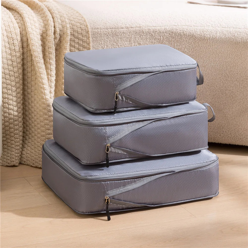 3-Piece Compressible Travel Luggage Organizer Set – Nylon Suitcase Storage Bags
